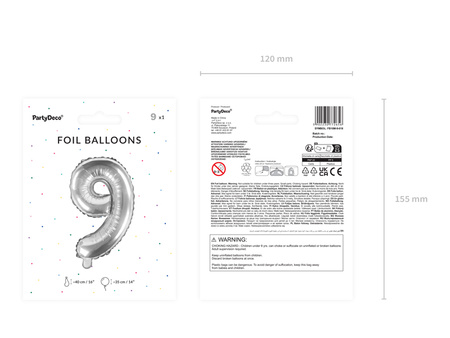 Balon foliowy Cyfra ''9'', 35cm, srebrny
