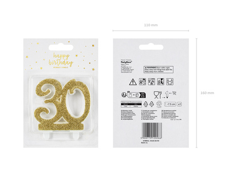 Świeczka urodzinowa liczba 30, złoty 7.5cm