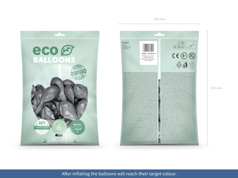 Balony Eco 26cm metalizowane srebrny - opakowanie 100 sztuk