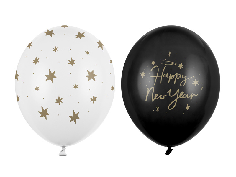 Balony Happy New Year 30 cm – mix białych i czarnych z nadrukiem