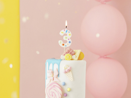 Świeczka urodzinowa Cyfra ''3'', biała konfetti, 5.5cm