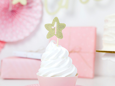 Dekoracje do muffinek 1st Birthday, złoty (1 op. / 6 szt.)