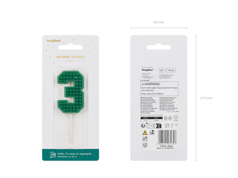 Świeczka urodzinowa Cyferka 3, 6 cm, zielony - zdjęcie 3