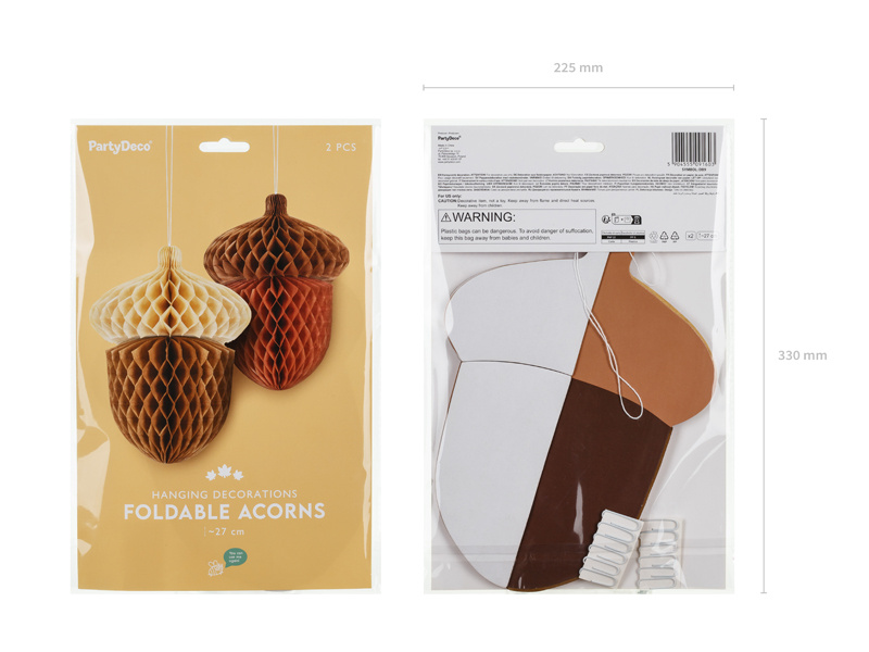 Dekoracja bibułowa Żołędzie 27cm, mix kolorów, dwa wzory w opakowaniu