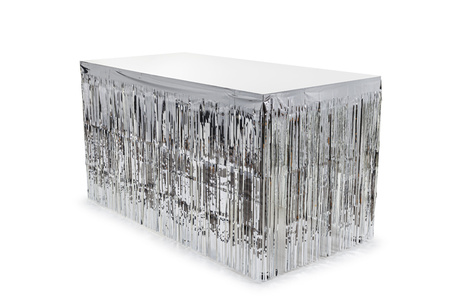 Skirting foliowy z frędzlami, srebrny, 300x80cm