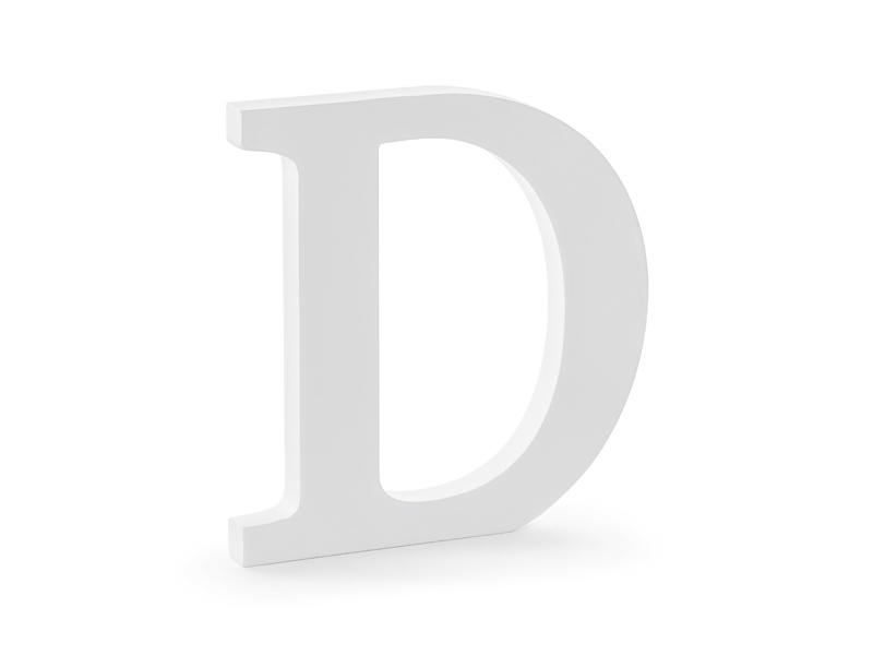 Drewniana litera D biała, widok z boku