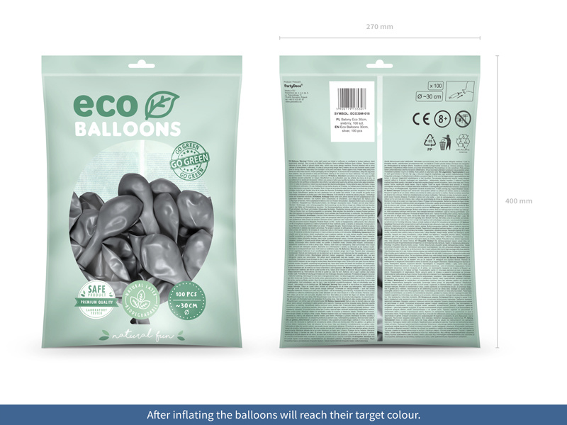 Opakowanie 100 sztuk srebrnych balonów Eco – zdjęcie produktu