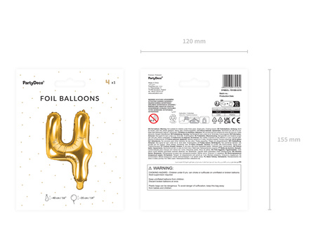 Balon foliowy Cyfra ''4'', 35cm, złoty