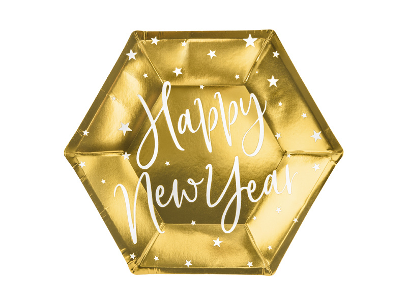 Talerzyki Happy New Year złote 20cm - zdjęcie 1