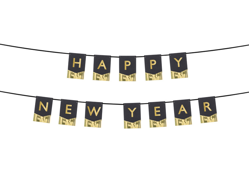 Baner Happy New Year na tle dekoracji sylwestrowych