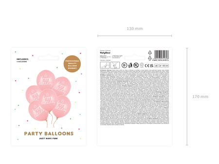 Balony 30cm, happy birthday, P. Baby Pink (1 op. / 6 szt.)