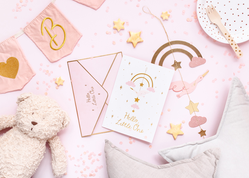 Kartka z zawieszką Bocian jasny różowy - detale