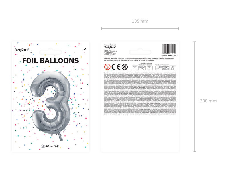 Balon foliowy cyfra 3 srebrny – wymiary