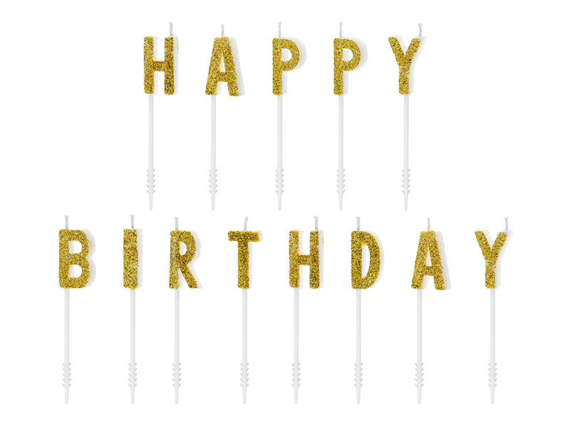 Świeczki urodzinowe Happy Birthday złoty 2,5cm – opakowanie 13 sztuk