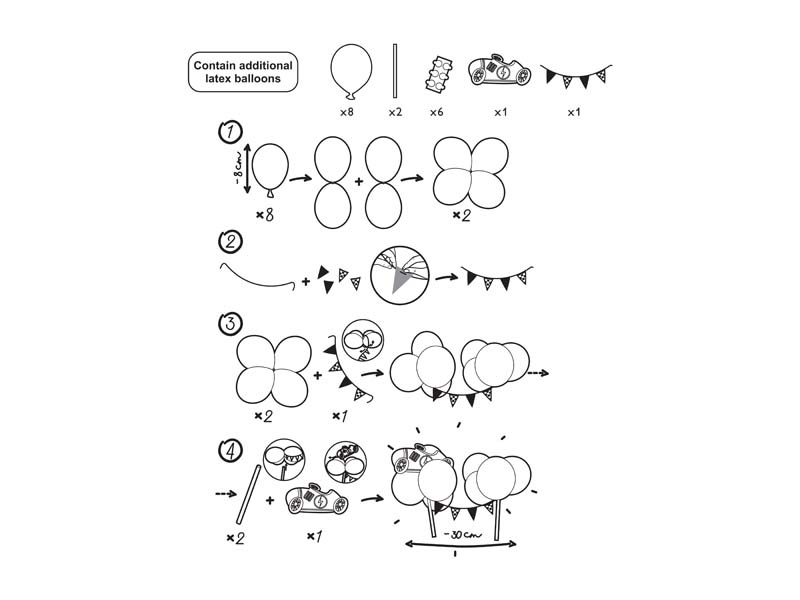 Elementy zestawu balonowego topperu na tort Autko