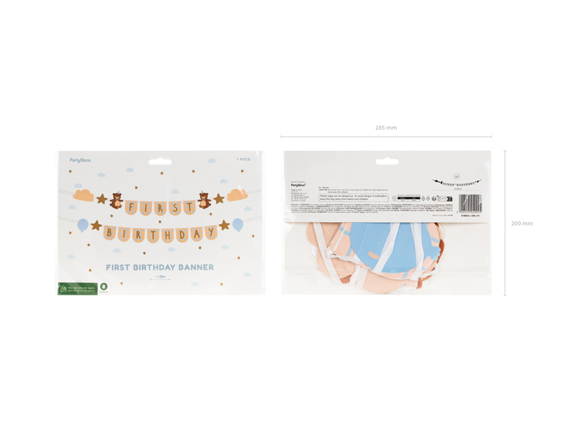 Baner First Birthday z misiami – zbliżenie na literki