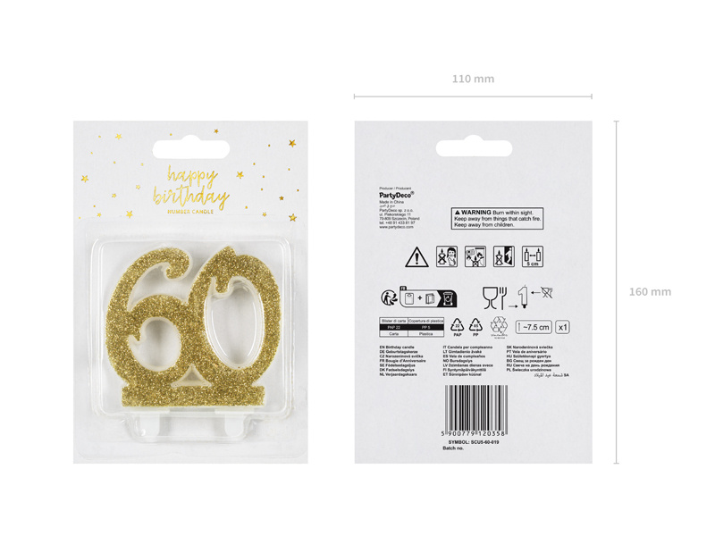 Świeczka liczba 60 złoty – zbliżenie na detal