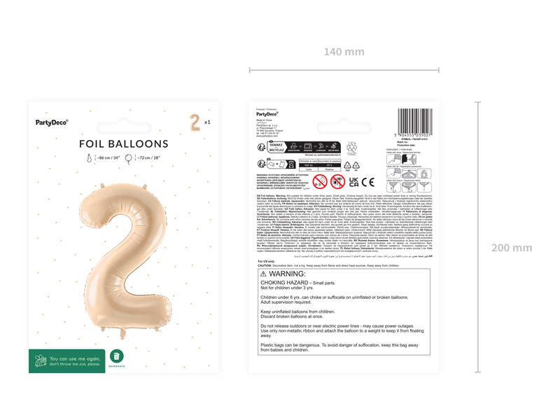 Balon foliowy Cyfra 2 72cm beżowy - detal produktu
