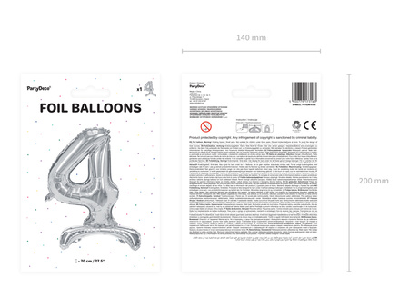 Stojący balon foliowy Cyfra ''4'', 70cm, srebrny