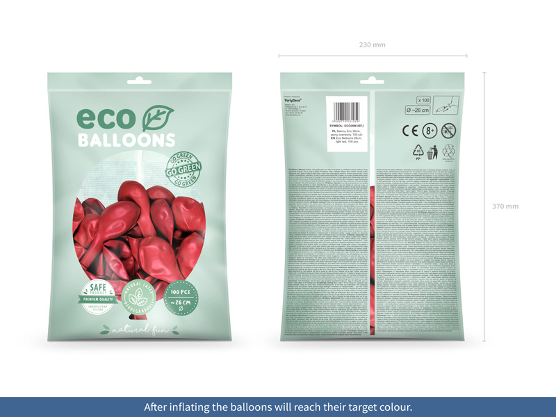 Balony Eco 26cm metalizowane jasny czerwony opakowanie