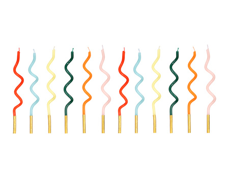 Świeczki urodzinowe zakręcone Tęcza, 14 cm, mix (1 op. / 12 szt.)