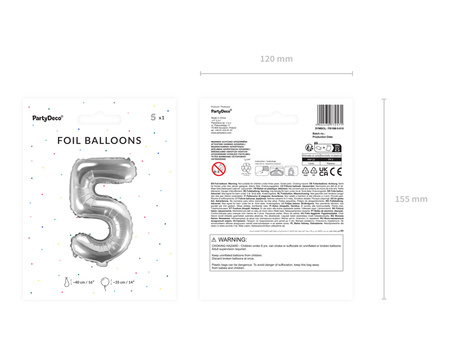 Balon foliowy Cyfra ''5'', 35cm, srebrny