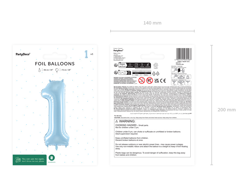 Balon foliowy cyfra 1 jasny niebieski z boku