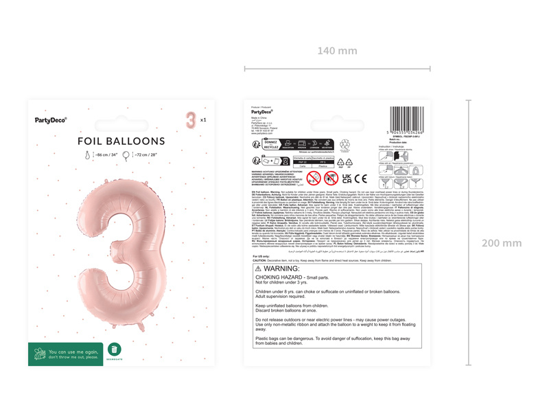 Balon foliowy Cyfra 3 jasny różowy - duży rozmiar