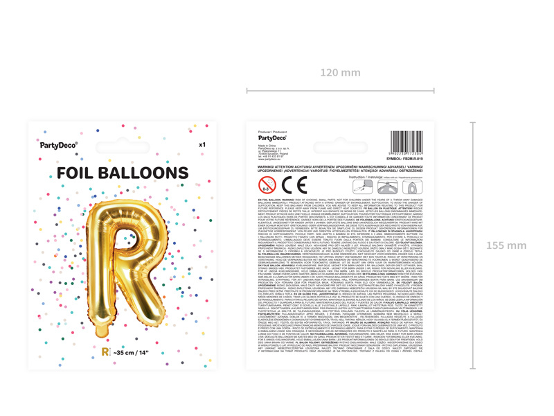 Balon foliowy Litera R 35cm złoty w opakowaniu