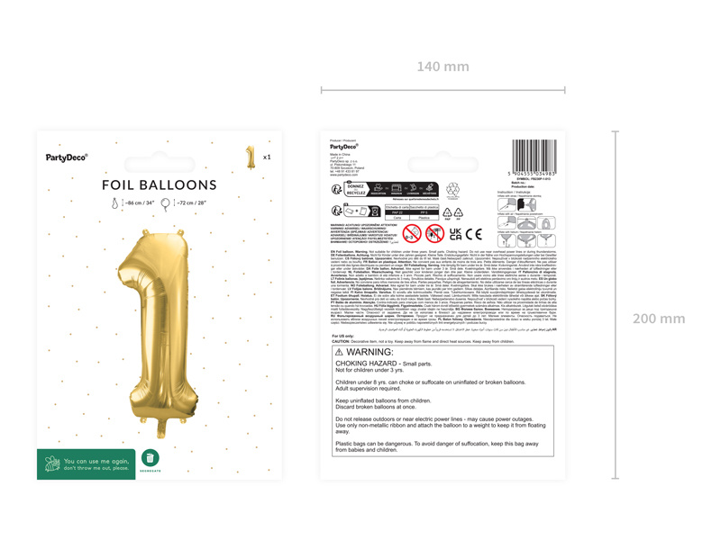 Balon foliowy Cyfra 1 jasny złoty z bliska