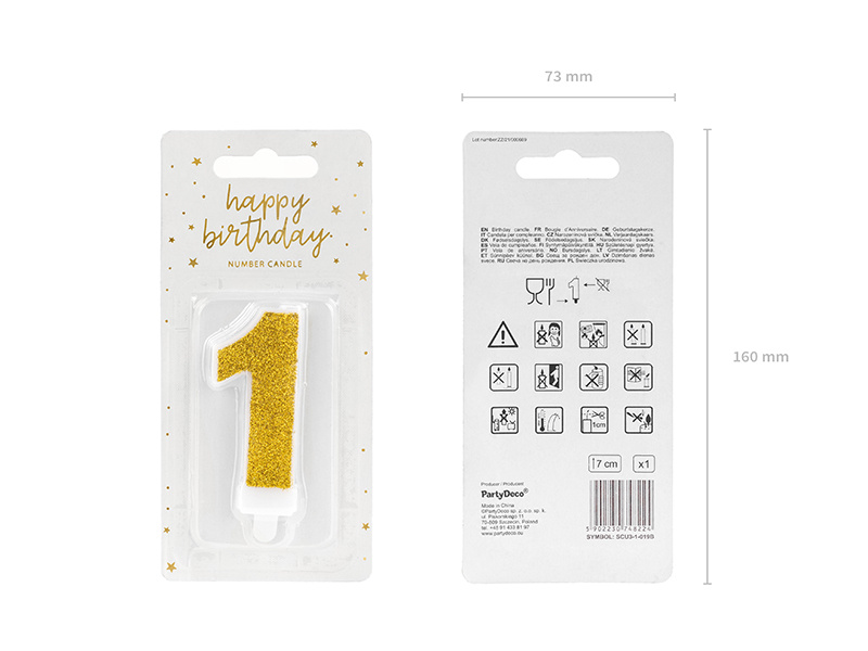 Świeczka urodzinowa Cyferka 1 złoty 7cm - prezentacja na torcie
