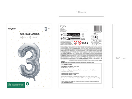 Balon foliowy Cyfra ''3'', 72cm, srebrny