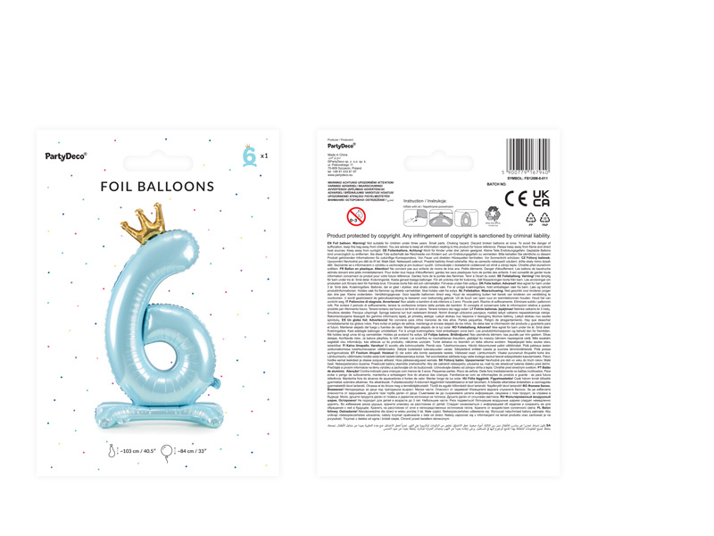 Balon cyfra 6 błękitny z koroną – zbliżenie na detale