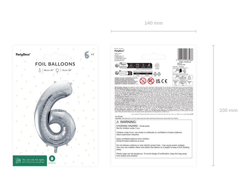 Srebrny balon foliowy cyfra 6 – widok z boku
