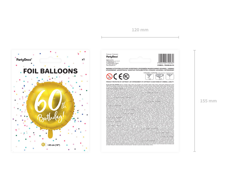 Balon foliowy 60th Birthday złoty 45cm zbliżenie