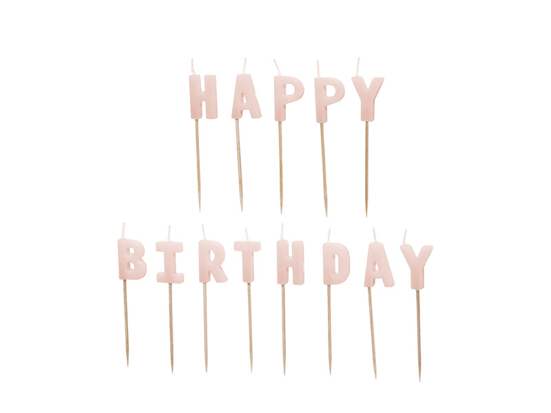 Różowe świeczki urodzinowe Happy Birthday na torcie