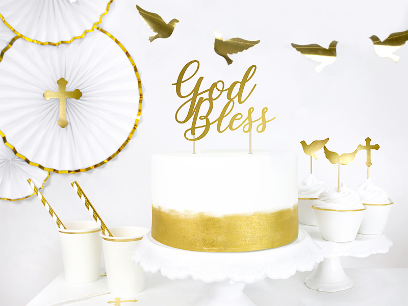 Topper na tort God Bless złoty – topper na torcie
