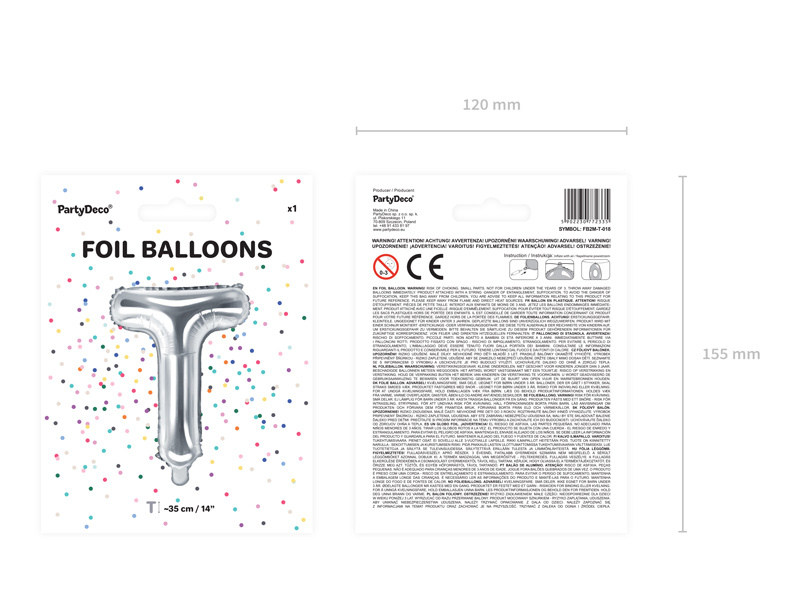 Balon foliowy Litera T 35cm srebrny - detale