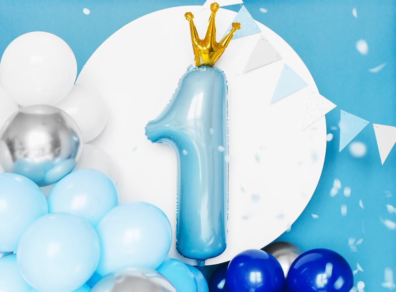Balon foliowy Cyfra 1 błękitny z koroną - detale produktu
