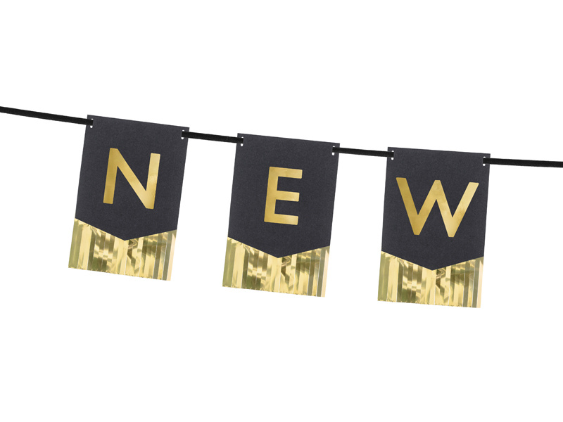 Baner Happy New Year z bliska – złote napisy na czarnym tle