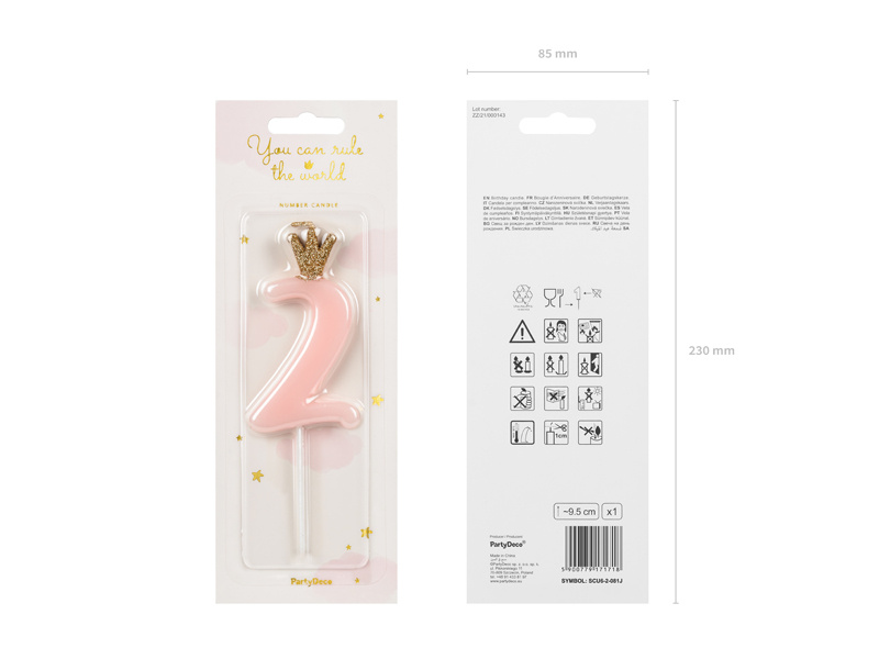 Świeczka urodzinowa cyferka 2 jasny różowy 9.5 cm - zdjęcie 2