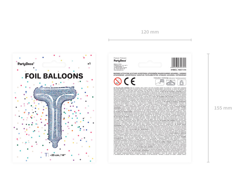 Balon foliowy litera T holograficzny 35 cm
