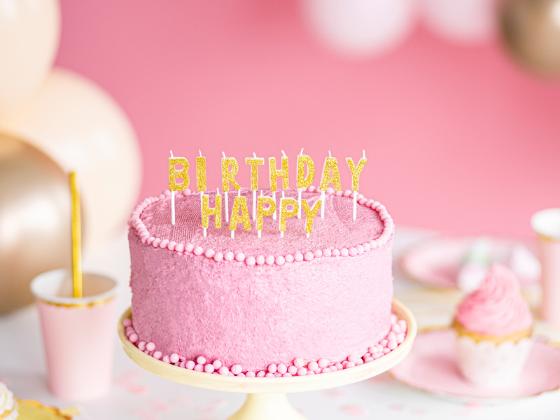 Świeczki Happy Birthday – złoty brokat, 13 sztuk w opakowaniu