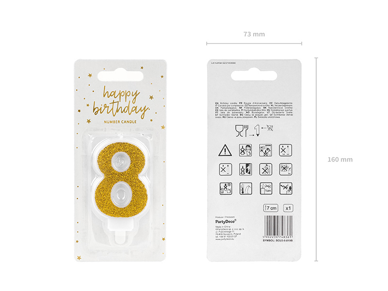 Świeczka urodzinowa Cyferka 8 złoty 7cm – prezentacja na torcie