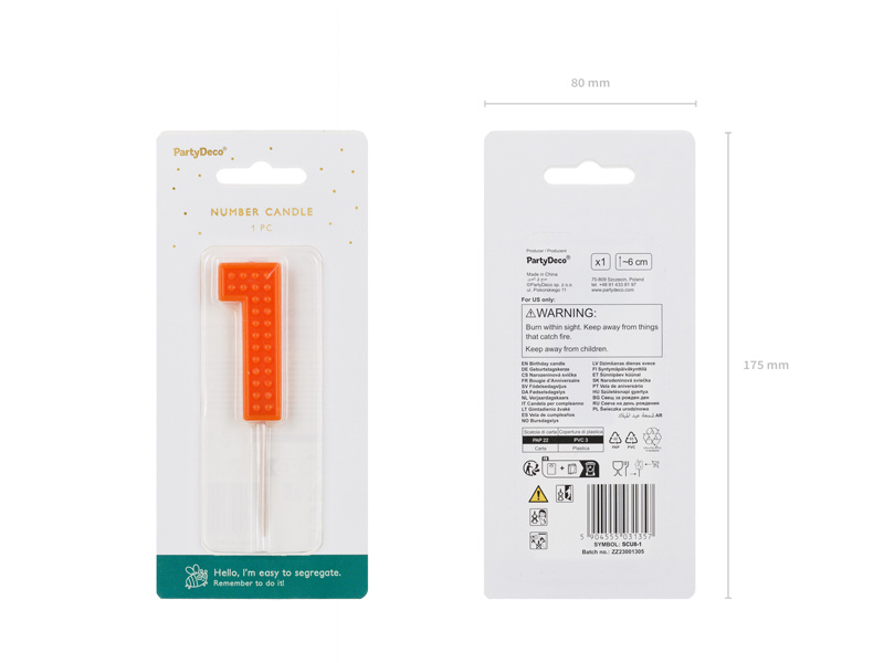 Zbliżenie na świeczkę urodzinową Cyferka 1, 6 cm, czerwony