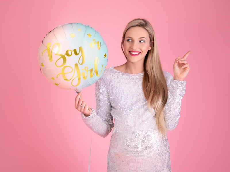 Balon foliowy Boy or Girl - różowo-niebieski z metalizowanym nadrukiem