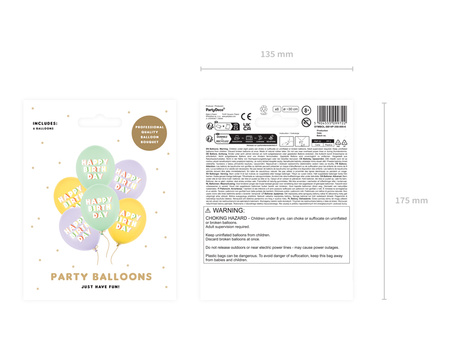 Balony 30 cm, Happy Birthday, mix (1 op. / 6 szt.)