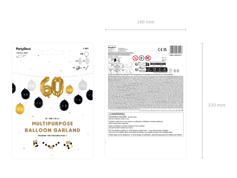 Girlanda balonowa 3w1 - 60 urodziny, mix, 260x32cm - zestaw balonów