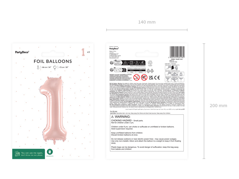 Balon foliowy cyfra 1 jasny różowy - widok z boku