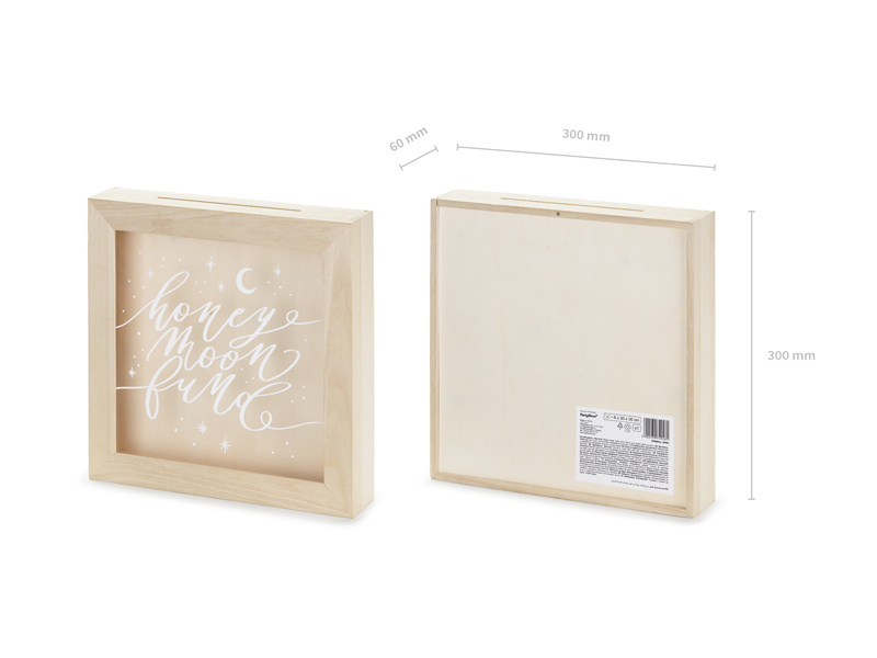 Drewniana skarbonka Honeymoon fund - widok z boku